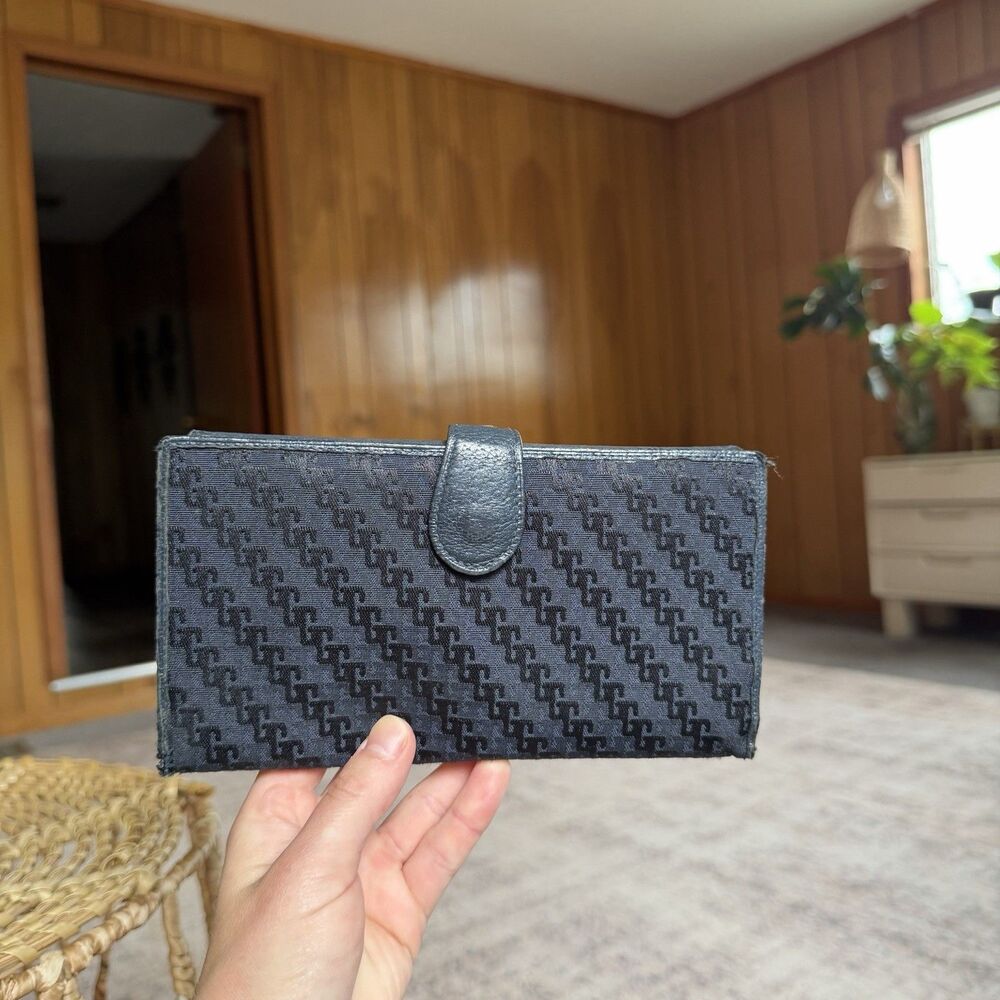 Vintage GUCCI GG Supreme Canvas Navy Blue Leather Wallet Logo Gold Snap Trifold - Picture 15 of 16